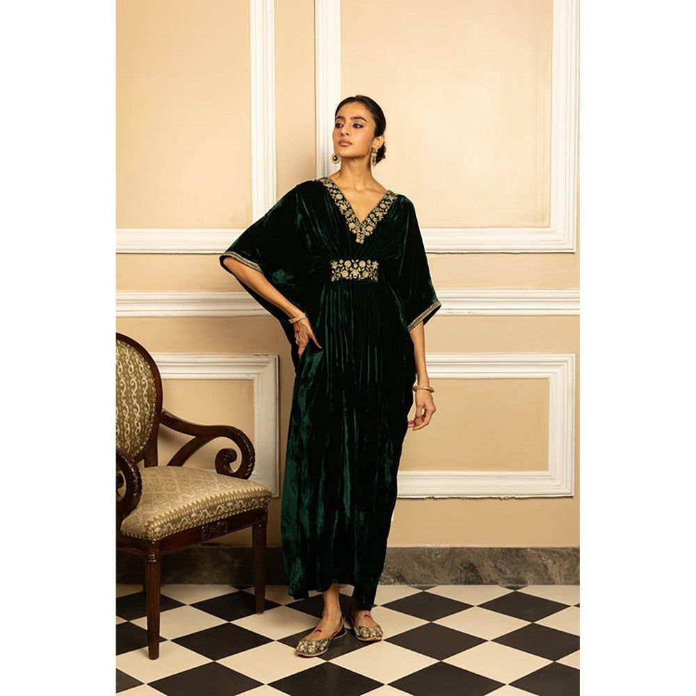 DOHR INDIA Gulzar Green Silk Velvet Handcrafted Kaftan Dress