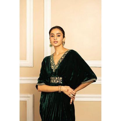 DOHR INDIA Gulzar Green Silk Velvet Handcrafted Kaftan Dress