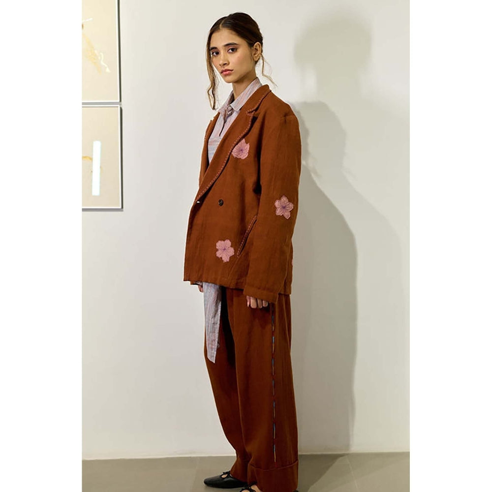 Doodlage Women Brown Cotton Jacket with Pant