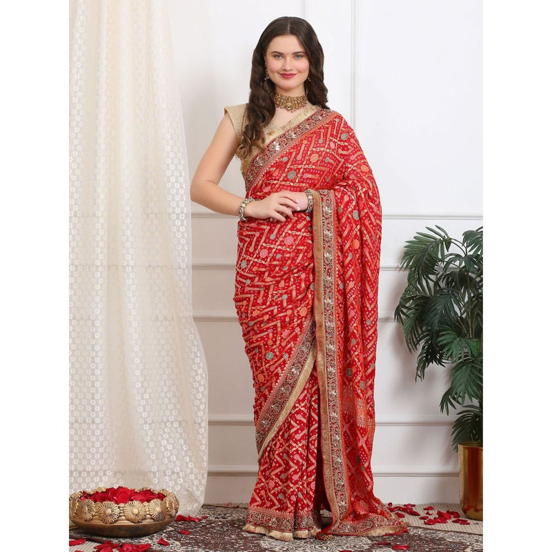 Dress & Dazzle Royal Red Khaddi Georgette Bandhej Saree with Unstitched Blouse