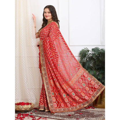Dress & Dazzle Royal Red Khaddi Georgette Bandhej Saree with Unstitched Blouse