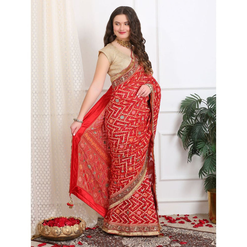 Dress & Dazzle Royal Red Khaddi Georgette Bandhej Saree with Unstitched Blouse
