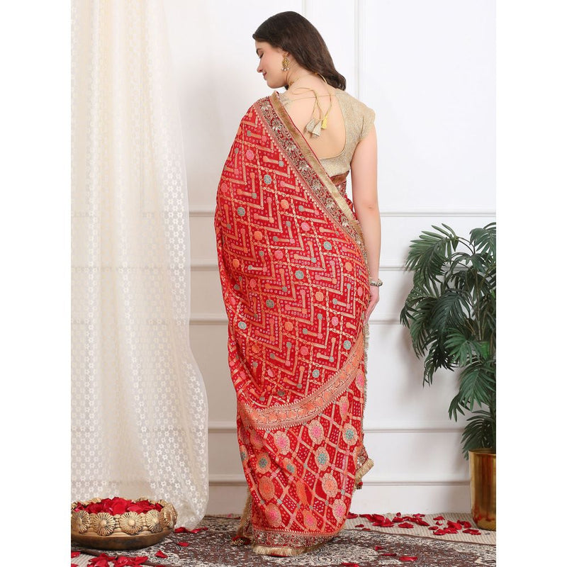 Dress & Dazzle Royal Red Khaddi Georgette Bandhej Saree with Unstitched Blouse