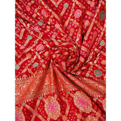 Dress & Dazzle Royal Red Khaddi Georgette Bandhej Saree with Unstitched Blouse
