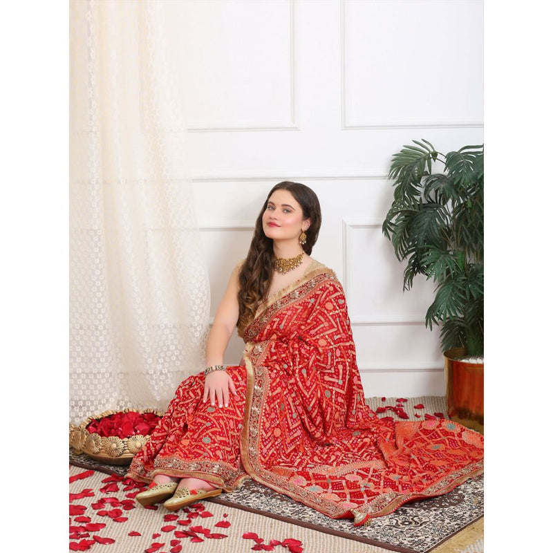 Dress & Dazzle Royal Red Khaddi Georgette Bandhej Saree with Unstitched Blouse