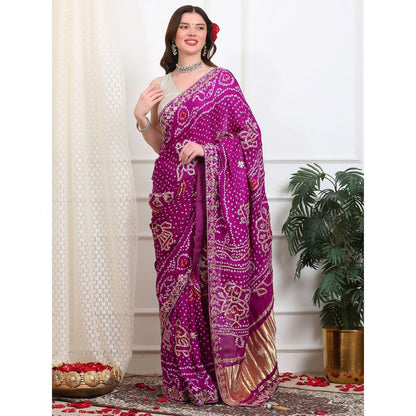 Dress & Dazzle Purple Bandhani Silk Saree with Unstitched Blouse