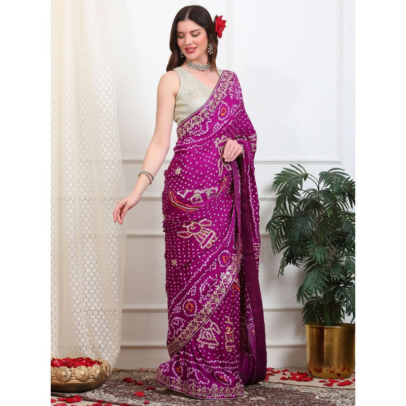Dress & Dazzle Purple Bandhani Silk Saree with Unstitched Blouse