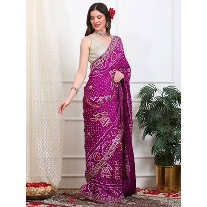 Dress & Dazzle Purple Bandhani Silk Saree with Unstitched Blouse