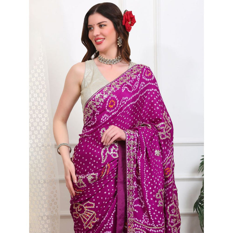 Dress & Dazzle Purple Bandhani Silk Saree with Unstitched Blouse