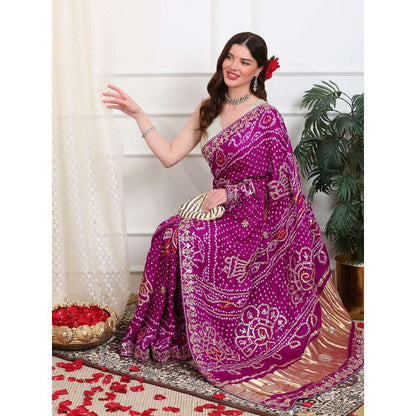 Dress & Dazzle Purple Bandhani Silk Saree with Unstitched Blouse