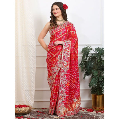 Dress & Dazzle Ruby Red Gharchola Silk Saree with Unstitched Blouse