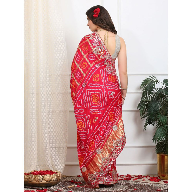 Dress & Dazzle Ruby Red Gharchola Silk Saree with Unstitched Blouse