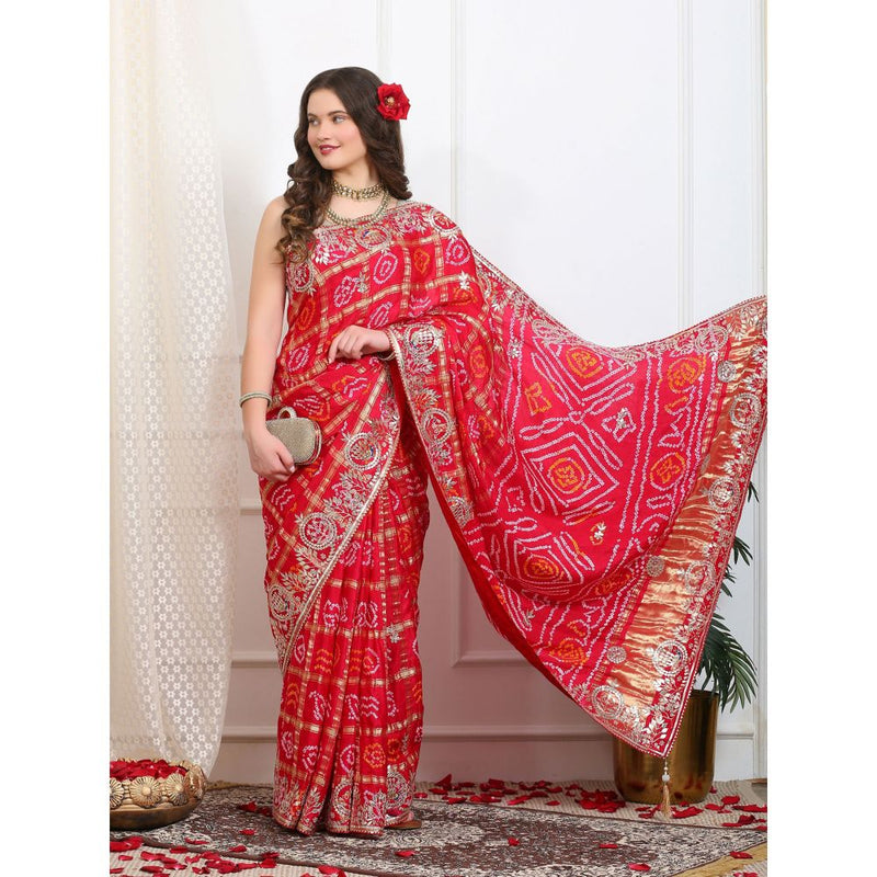 Dress & Dazzle Ruby Red Gharchola Silk Saree with Unstitched Blouse
