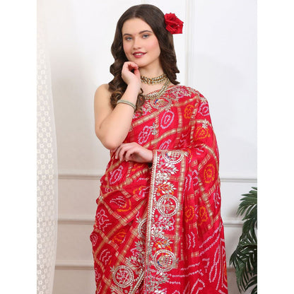 Dress & Dazzle Ruby Red Gharchola Silk Saree with Unstitched Blouse