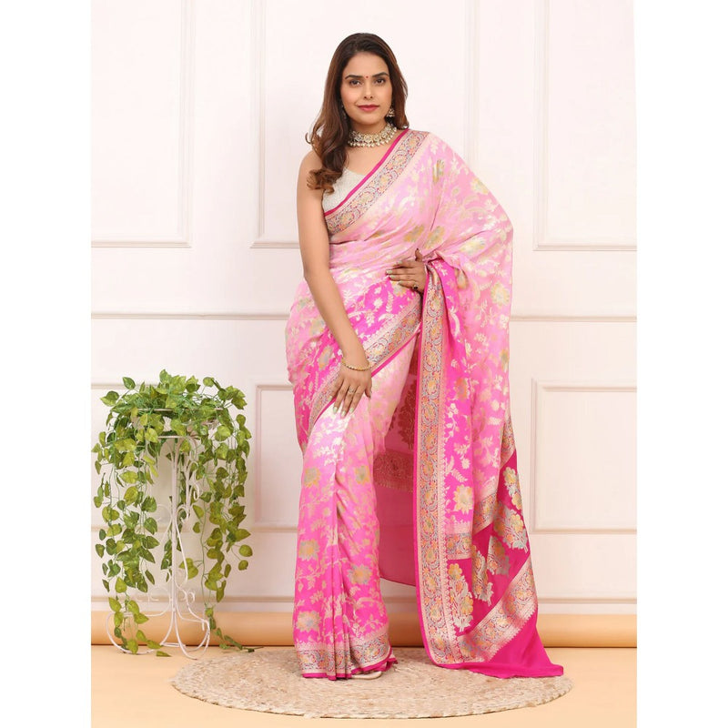 Dress & Dazzle Ombre Pink Khaddi Georgette Silk Saree with Unstitched Blouse