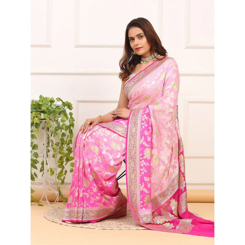 Dress & Dazzle Ombre Pink Khaddi Georgette Silk Saree with Unstitched Blouse