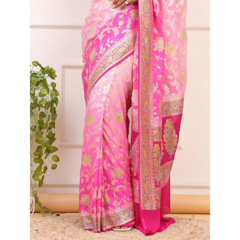 Dress & Dazzle Ombre Pink Khaddi Georgette Silk Saree with Unstitched Blouse