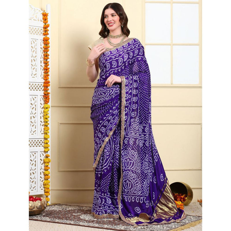 Dress & Dazzle Mystic Purple Bandhani Silk Saree with Unstitched Blouse