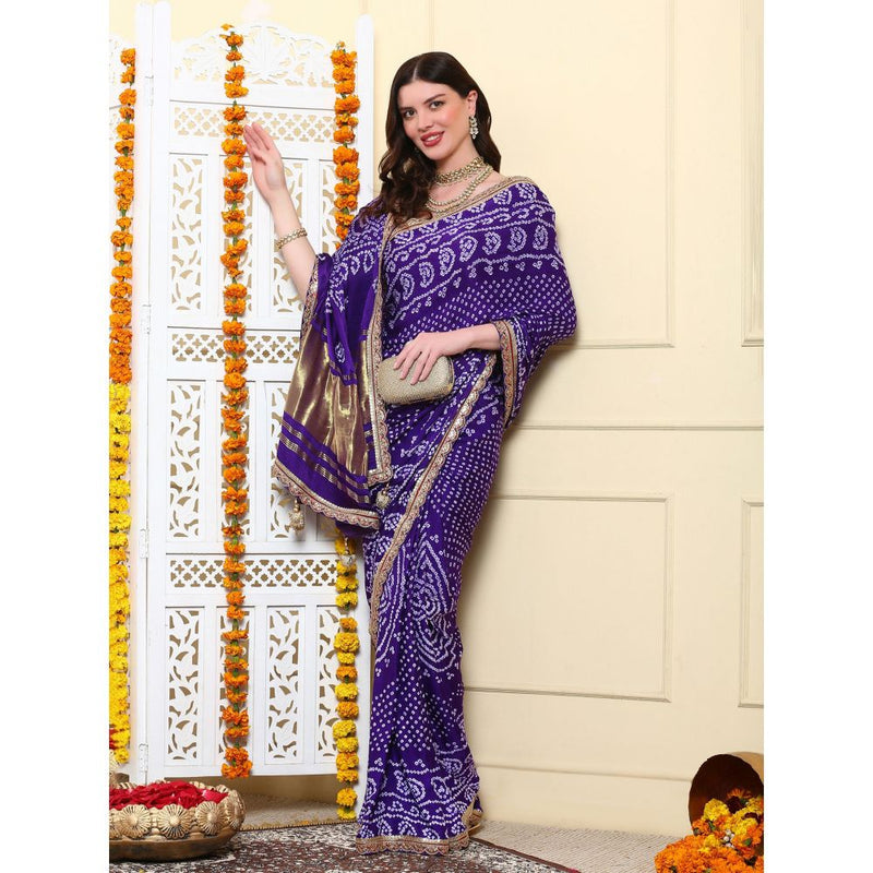 Dress & Dazzle Mystic Purple Bandhani Silk Saree with Unstitched Blouse