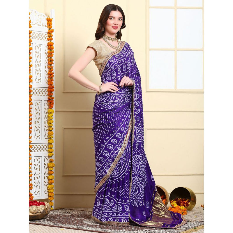 Dress & Dazzle Mystic Purple Bandhani Silk Saree with Unstitched Blouse