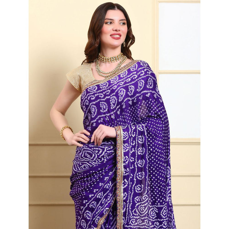 Dress & Dazzle Mystic Purple Bandhani Silk Saree with Unstitched Blouse