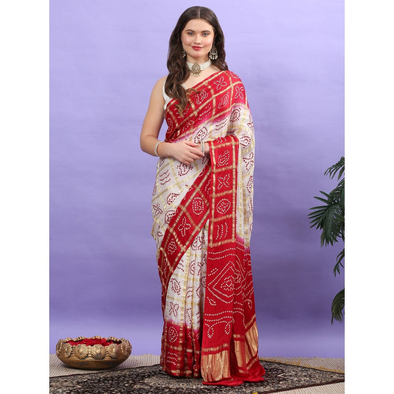 Dress & Dazzle White And Red Gharchola Saree with Unstitched Blouse