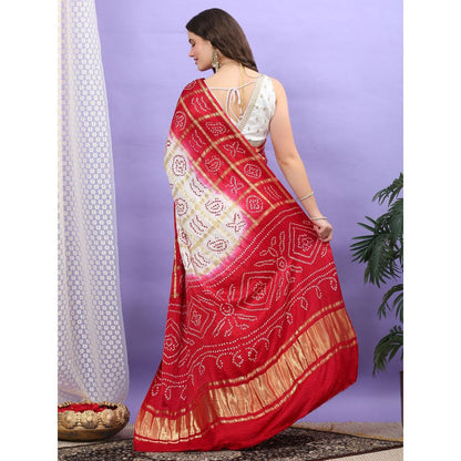 Dress & Dazzle White And Red Gharchola Saree with Unstitched Blouse