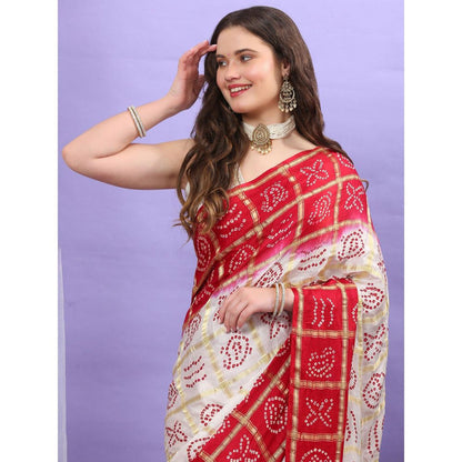 Dress & Dazzle White And Red Gharchola Saree with Unstitched Blouse