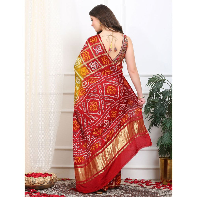 Dress & Dazzle Green And Red Gharchola Saree with Unstitched Blouse