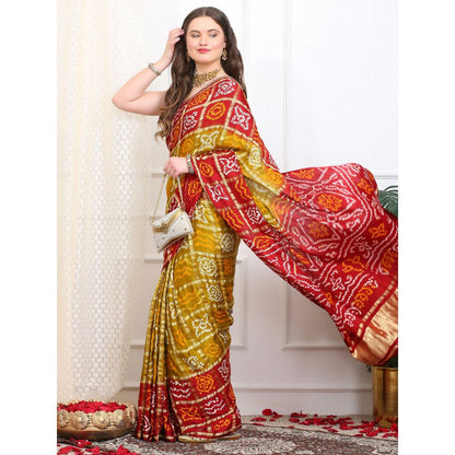 Dress & Dazzle Green And Red Gharchola Saree with Unstitched Blouse