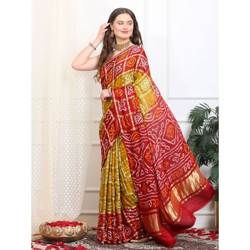 Dress & Dazzle Green And Red Gharchola Saree with Unstitched Blouse