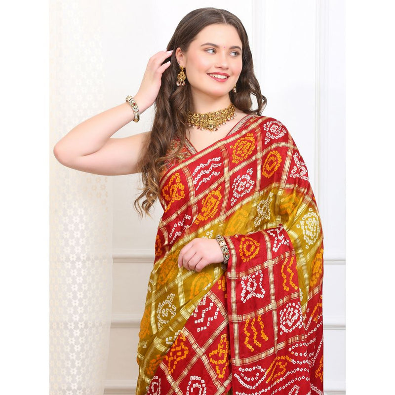 Dress & Dazzle Green And Red Gharchola Saree with Unstitched Blouse
