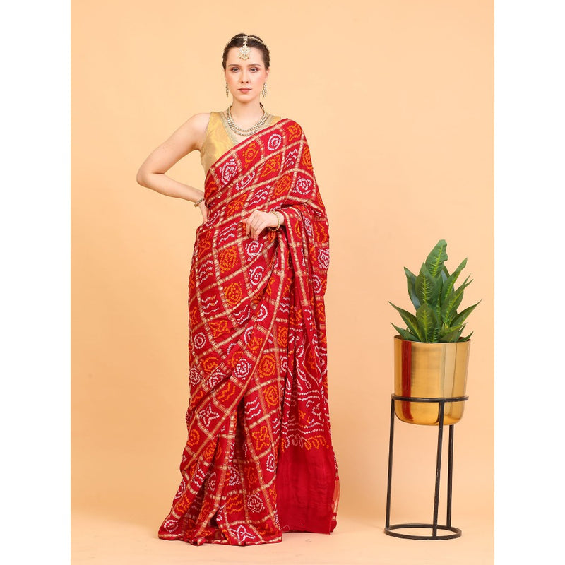 Dress & Dazzle Red Gharchola Gajji Silk Saree with Unstitched Blouse