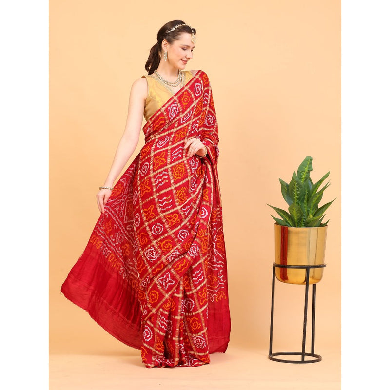 Dress & Dazzle Red Gharchola Gajji Silk Saree with Unstitched Blouse