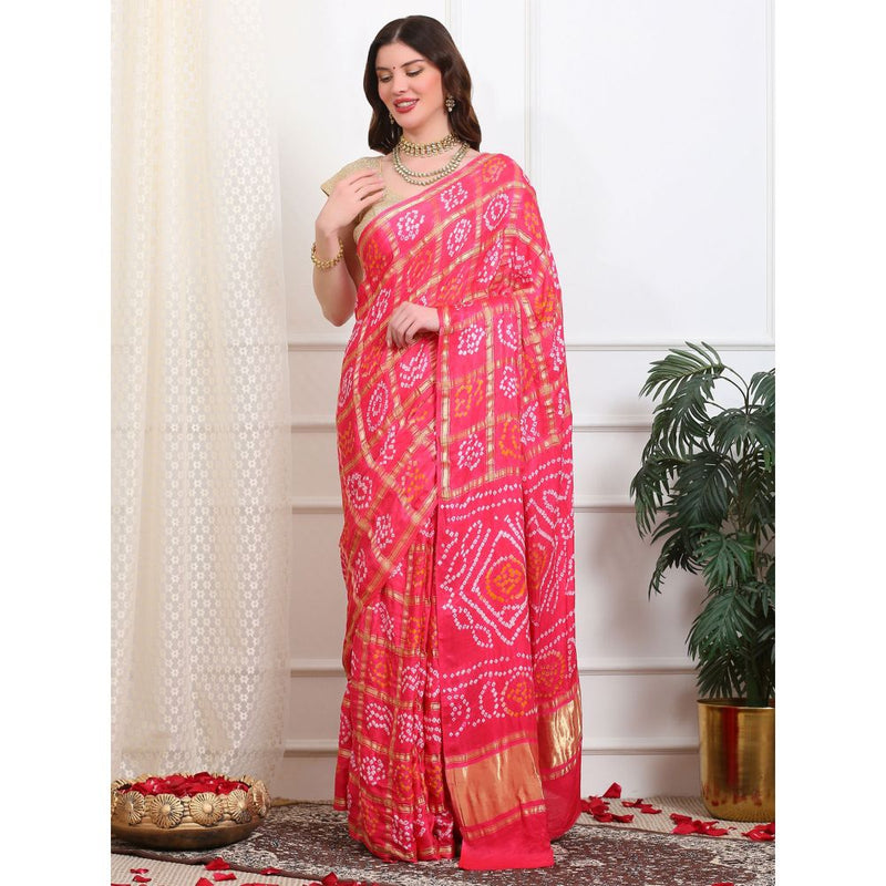 Dress & Dazzle Carrot Pink Gharchola Silk Saree with Unstitched Blouse