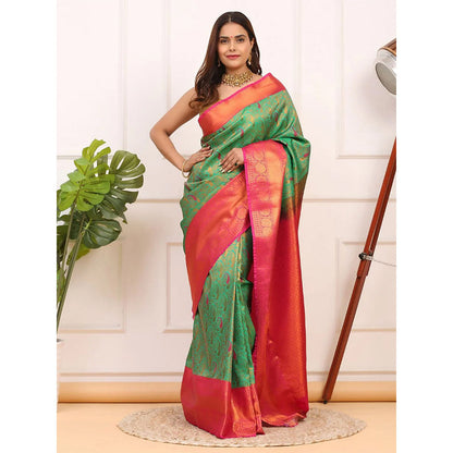 Dress & Dazzle Green And Pink Kanjivaram Silk Saree with Unstitched Blouse