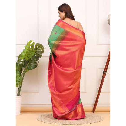 Dress & Dazzle Green And Pink Kanjivaram Silk Saree with Unstitched Blouse