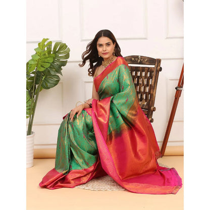 Dress & Dazzle Green And Pink Kanjivaram Silk Saree with Unstitched Blouse