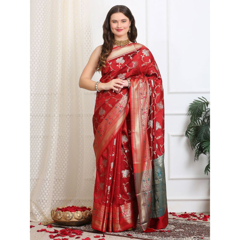 Dress & Dazzle Brick Red Katan Silk Saree with Unstitched Blouse