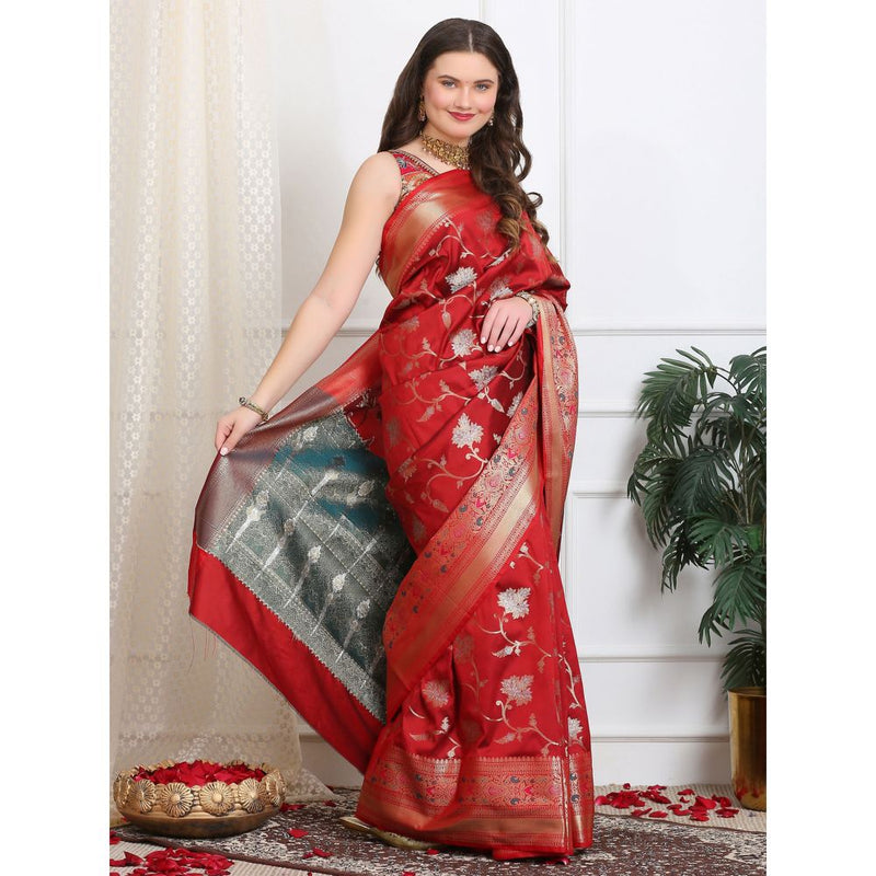 Dress & Dazzle Brick Red Katan Silk Saree with Unstitched Blouse