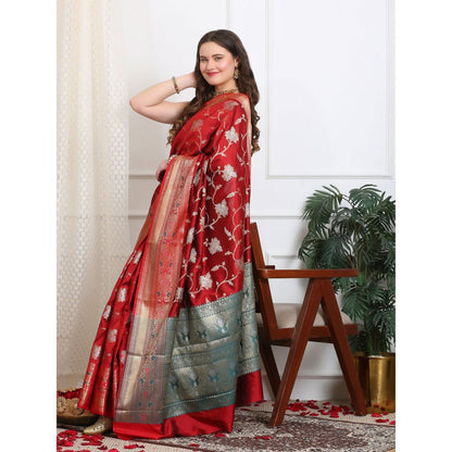 Dress & Dazzle Brick Red Katan Silk Saree with Unstitched Blouse
