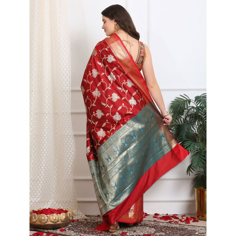 Dress & Dazzle Brick Red Katan Silk Saree with Unstitched Blouse