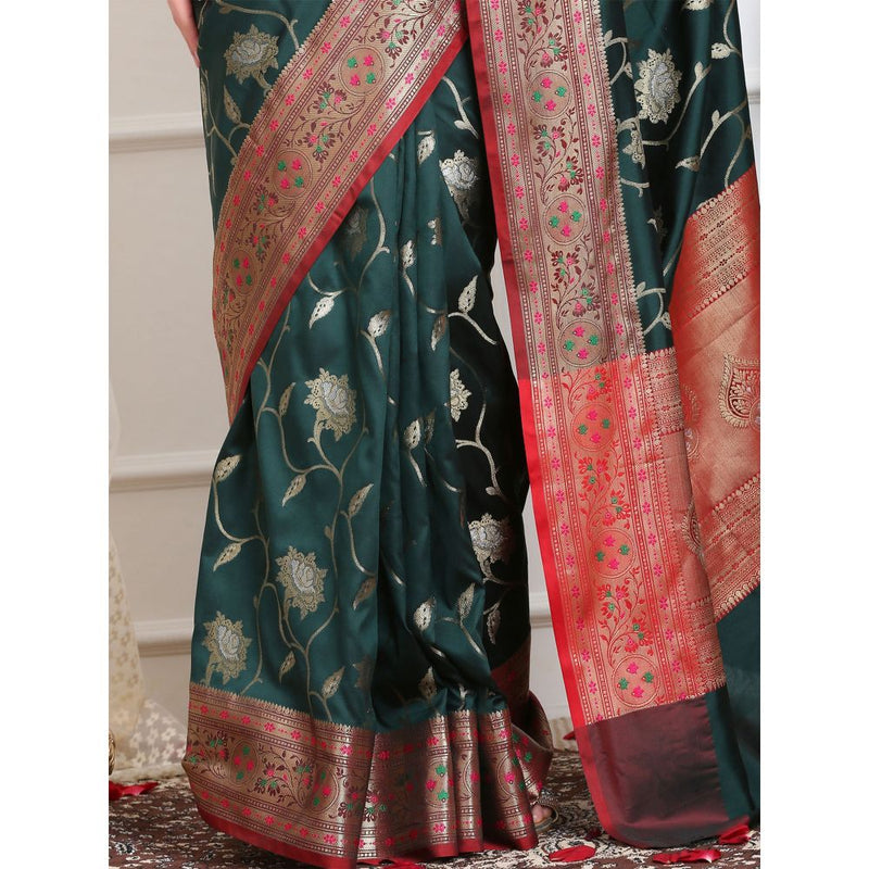 Dress & Dazzle Bottle Green Katan Silk Saree with Unstitched Blouse