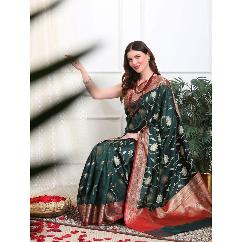 Dress & Dazzle Bottle Green Katan Silk Saree with Unstitched Blouse