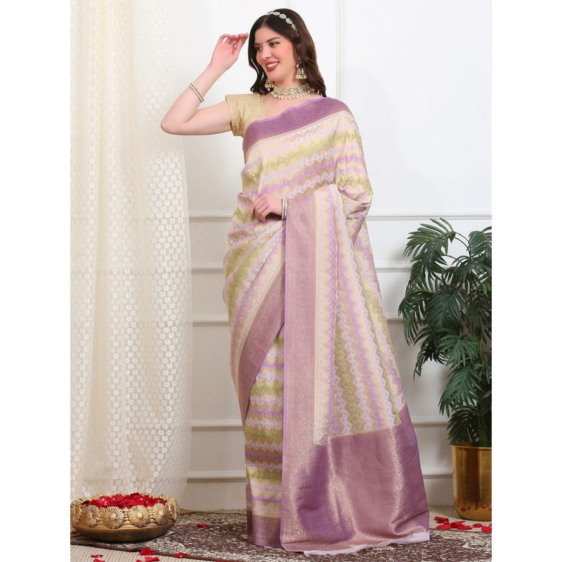 Dress & Dazzle Ivory And Lavender Leheriya Georgette Saree with Unstitched Blouse