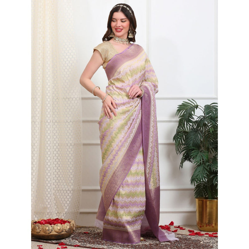 Dress & Dazzle Ivory And Lavender Leheriya Georgette Saree with Unstitched Blouse