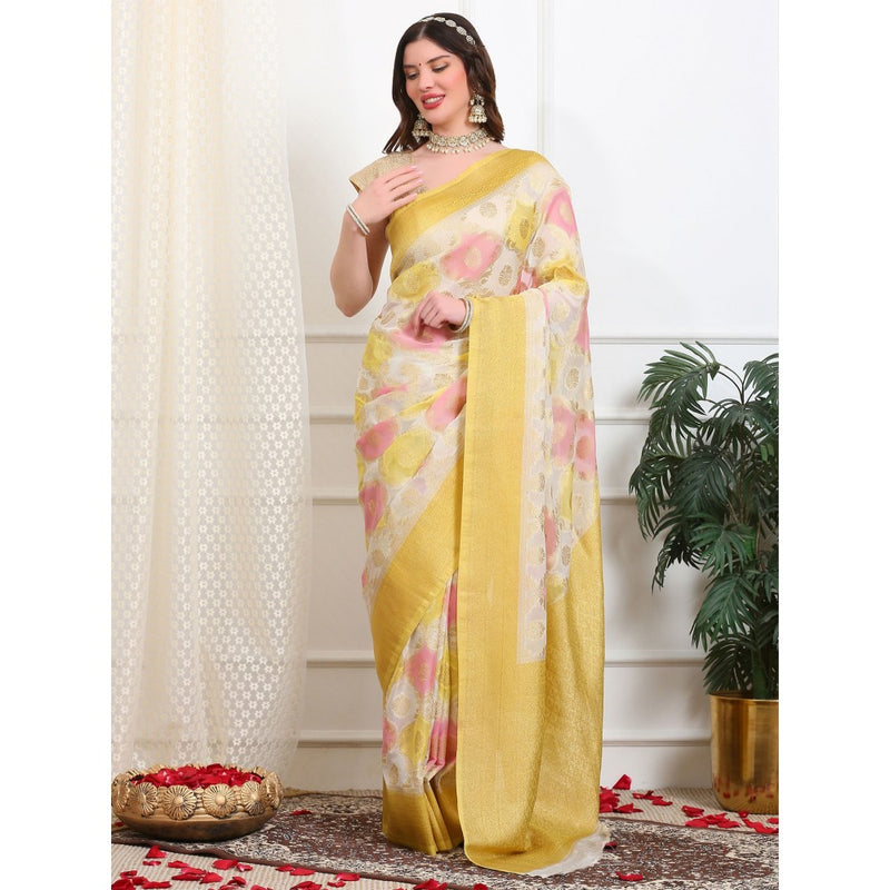 Dress & Dazzle Ivory And Yellow Rangkat Georgette Saree with Unstitched Blouse