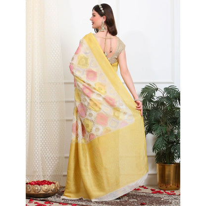 Dress & Dazzle Ivory And Yellow Rangkat Georgette Saree with Unstitched Blouse