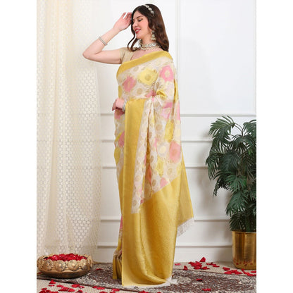 Dress & Dazzle Ivory And Yellow Rangkat Georgette Saree with Unstitched Blouse