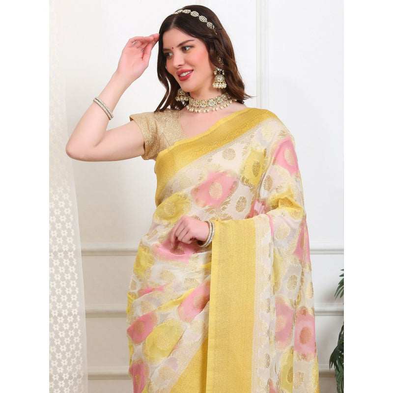 Dress & Dazzle Ivory And Yellow Rangkat Georgette Saree with Unstitched Blouse